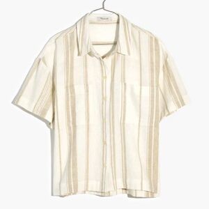 MADEWELL LINEN SHORT SLEEVE STRIPED BUTTON UP CAMP SHIRT SZ SMALL UNDYED NEUTRAL